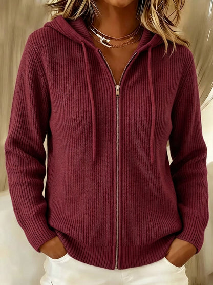 Oversized Hooded Zip-Up Ribbed Knit Cardigan