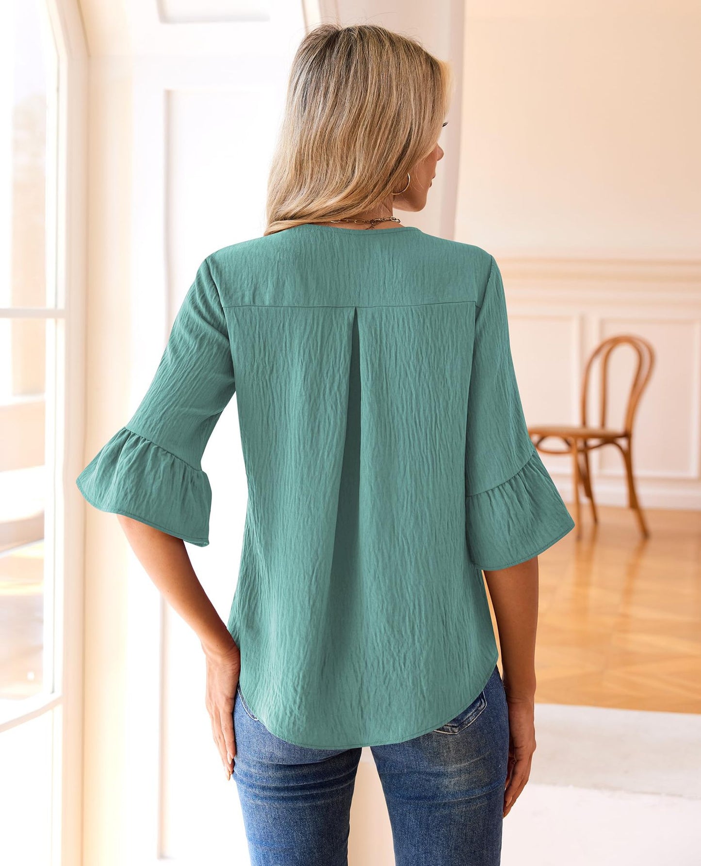 Ruffle V Neck 3/4 Sleeve Textured Blouse Top