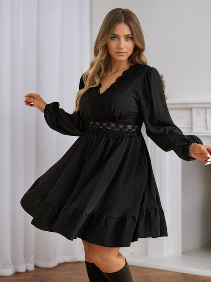 Plus Size Lace Trim V Neck A Line Mini Dress