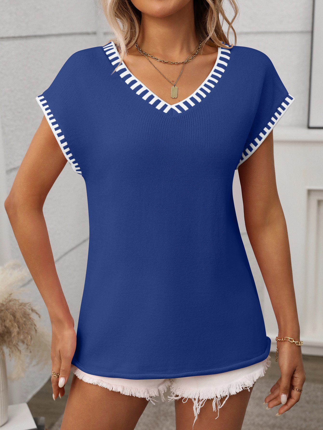 Striped V Neck Knit Top Short Sleeve Casual Sweater