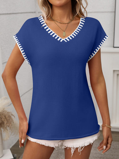 Striped V Neck Knit Top Short Sleeve Casual Sweater