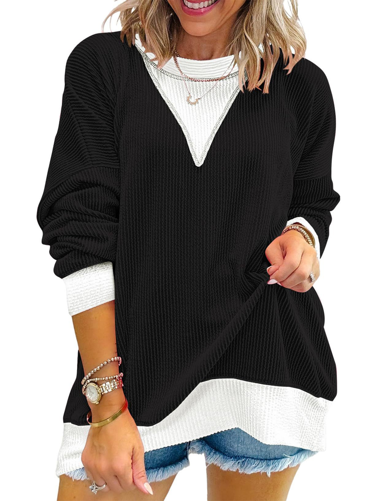 Colorblock Ribbed Sweatshirt Women Casual V Neck Pullover