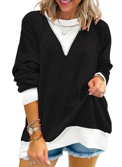 Colorblock Ribbed Sweatshirt Women Casual V Neck Pullover