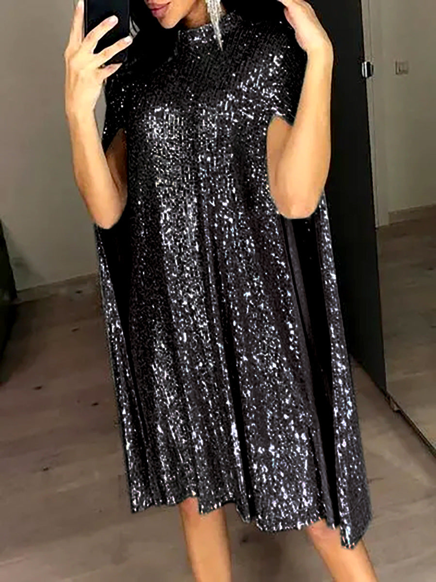 Sequin Cape Mini Dress Mock Neck Glitter Party