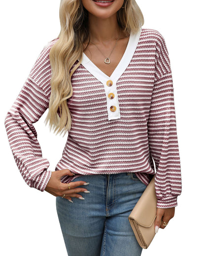 Striped V Neck Henley Long Sleeve Casual Knit Top