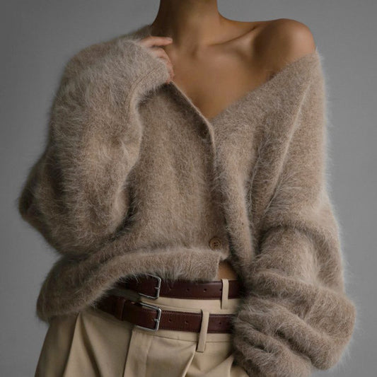 Cozy Faux Mink Knit Cardigan Loose Fit Soft Sweater