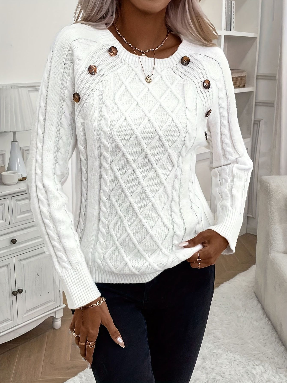 Women's Oversized Cable Knit Button Crew Neck Sweater