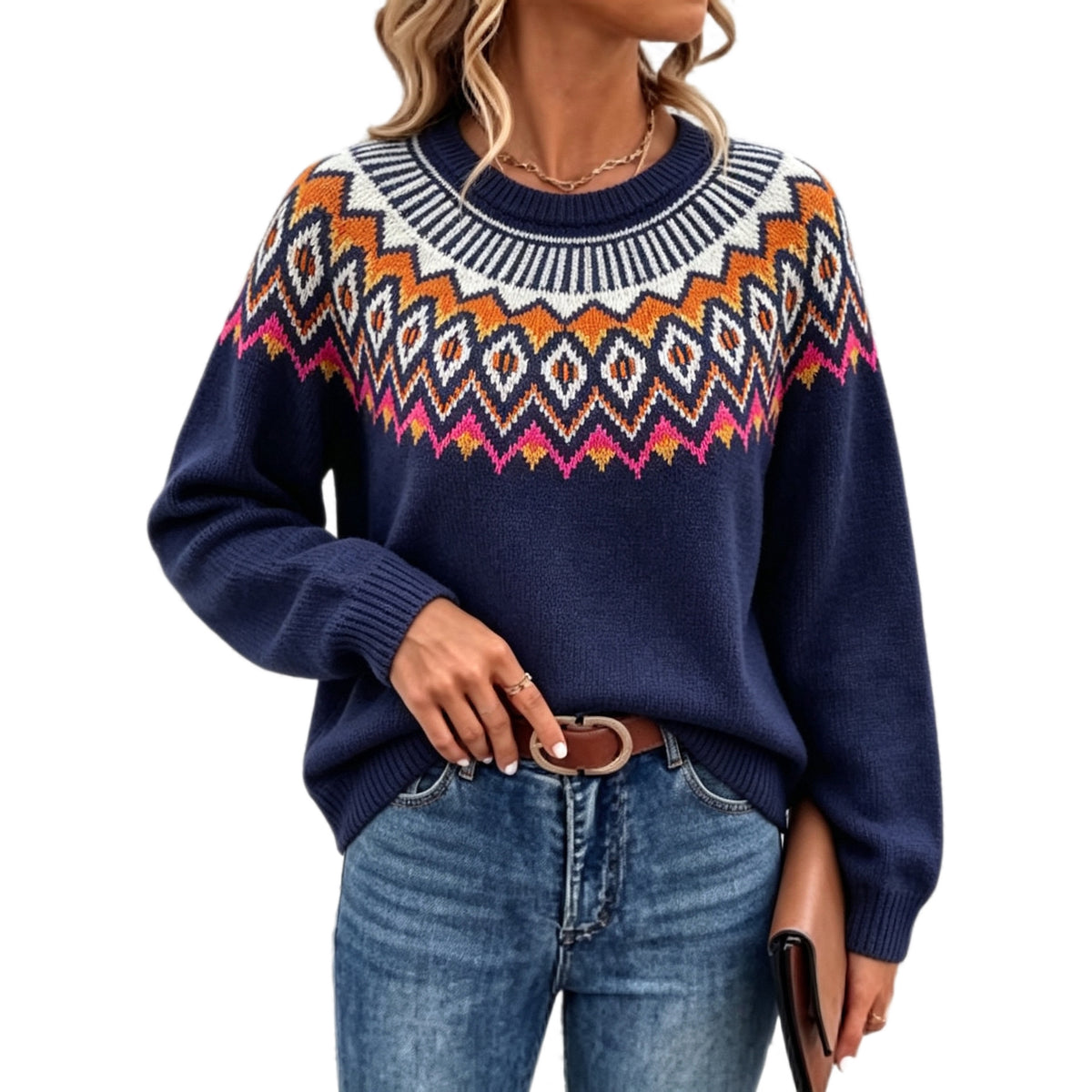 Women's Oversized Fair Isle Crew Neck Knit Sweater