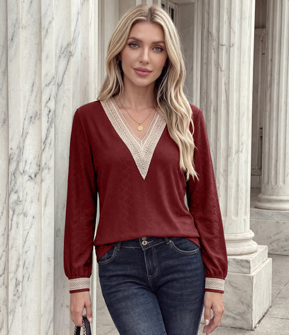 Women's Lace Trim V Neck Long Sleeve Tunic Top