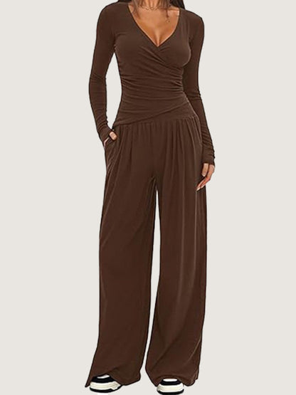 Women's 2 Piece V Neck Wide Leg Pants Lounge Set