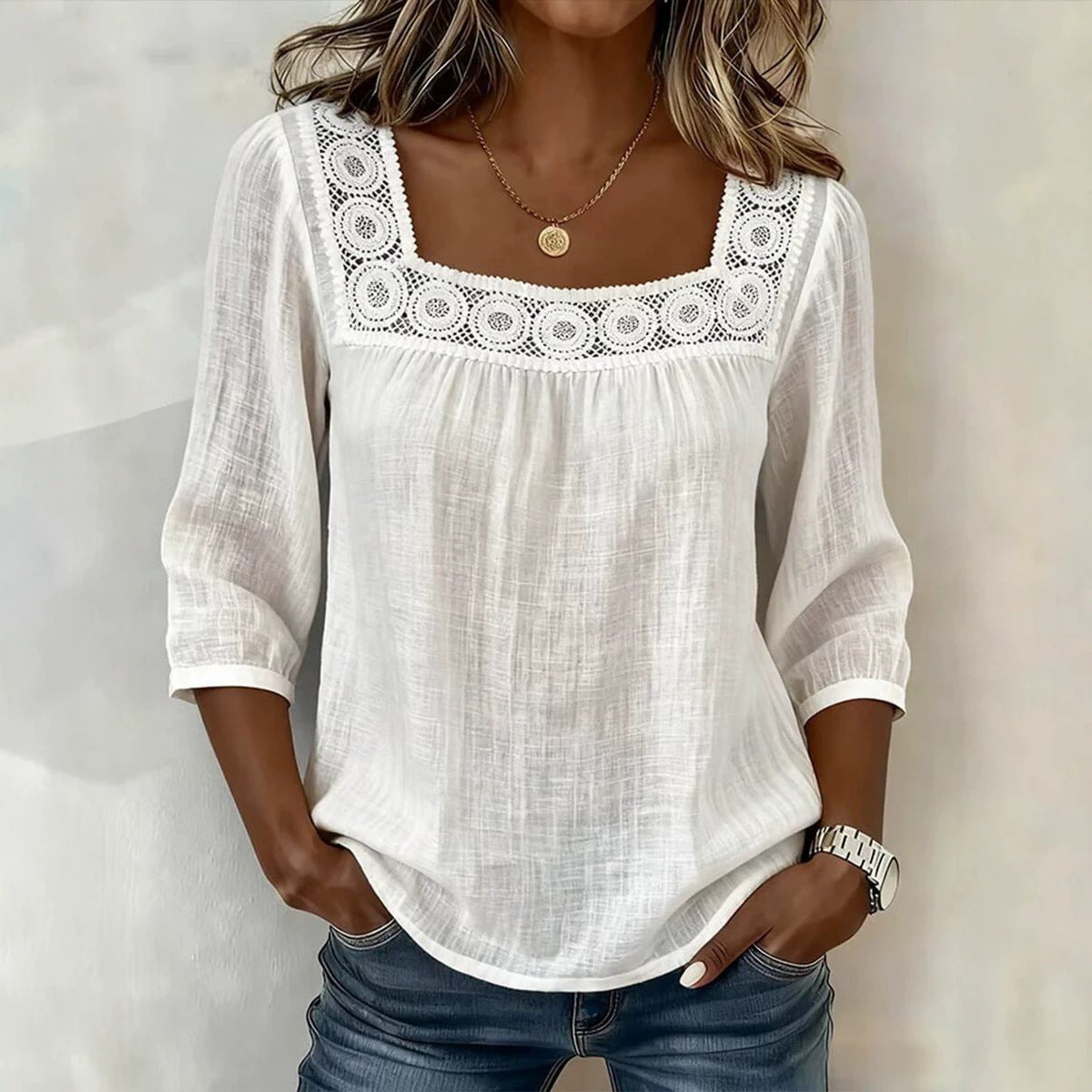 Women's Square Neck Crochet Lace 3/4 Sleeve Blouse