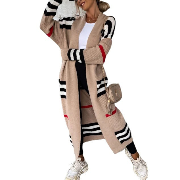 Striped Long Cardigan Open Front Oversized Sweater Coat