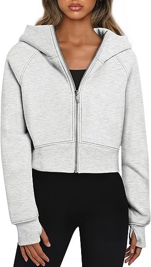 Women's Cropped Zip Up Hoodie Fleece Long Sleeve Jacket