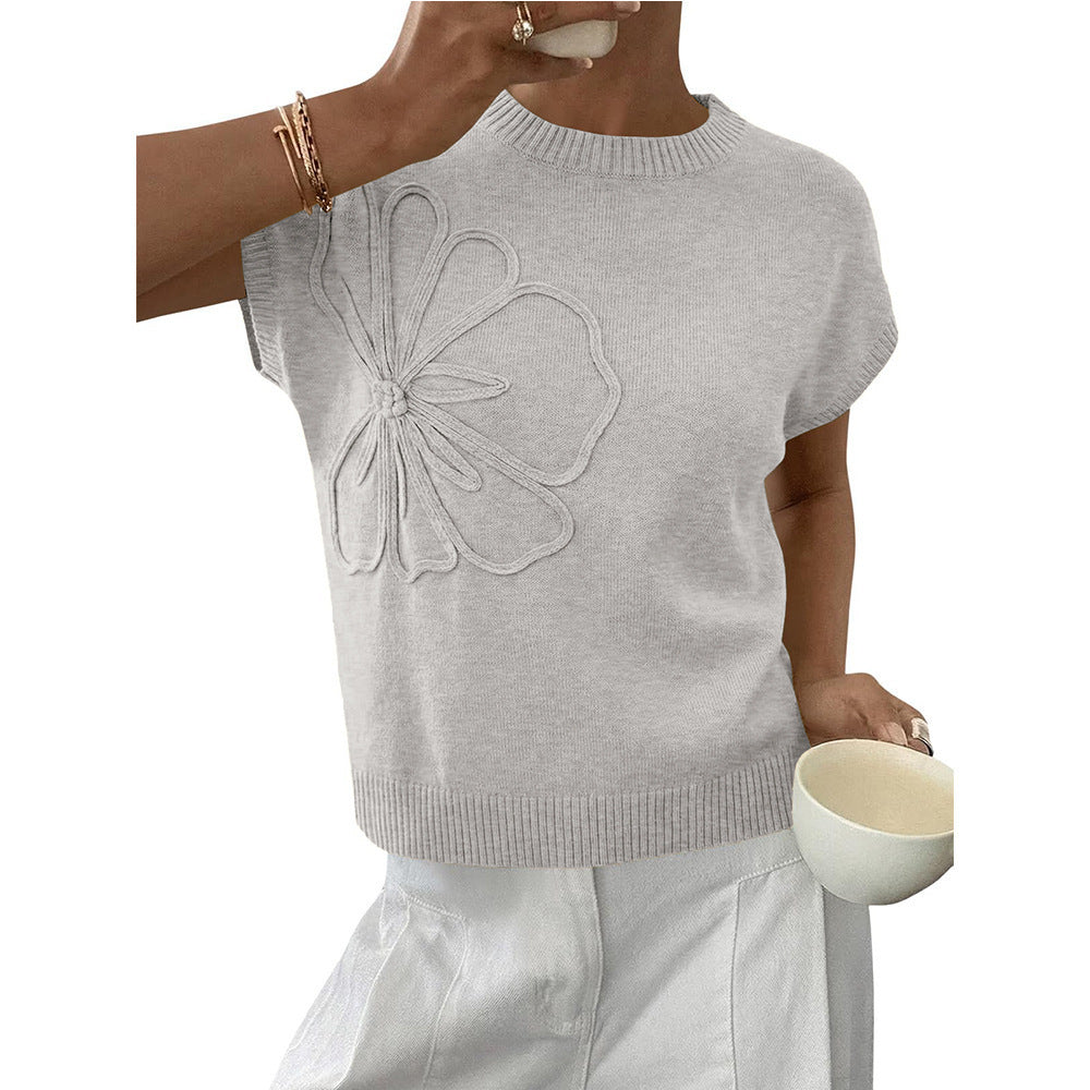 Floral Knit Sweater Short Sleeve Textured Summer Top