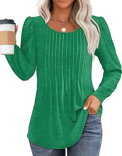 Solid Cotton Pintuck Blouse Long Sleeve Work Top