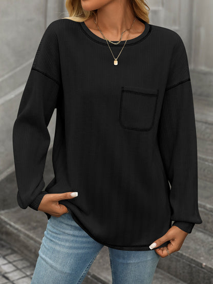 Solid Color Ribbed Brushed Long Sleeve Pocket Casual Tee