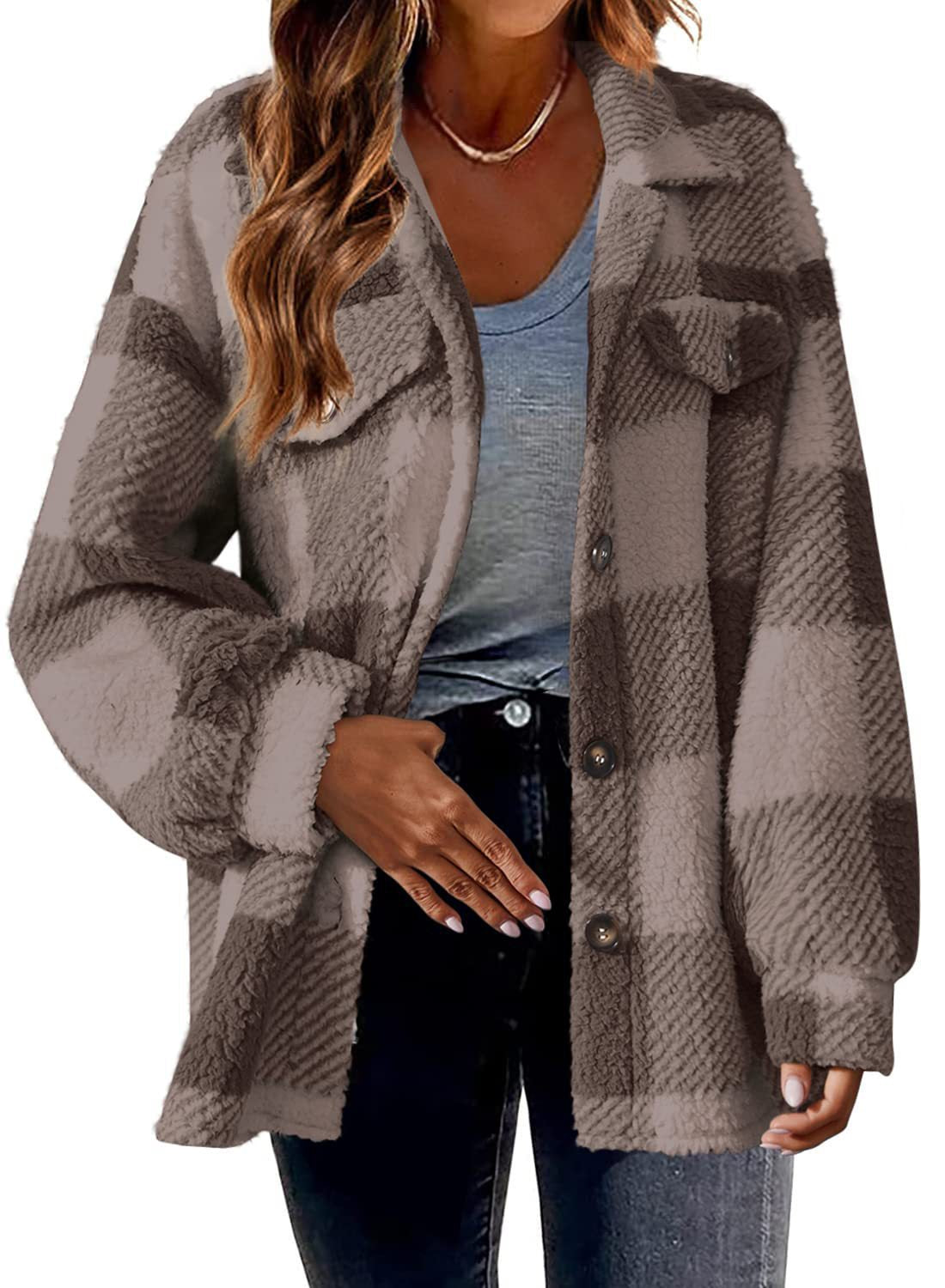 Women's Oversized Plaid Sherpa Shacket Jacket Pockets
