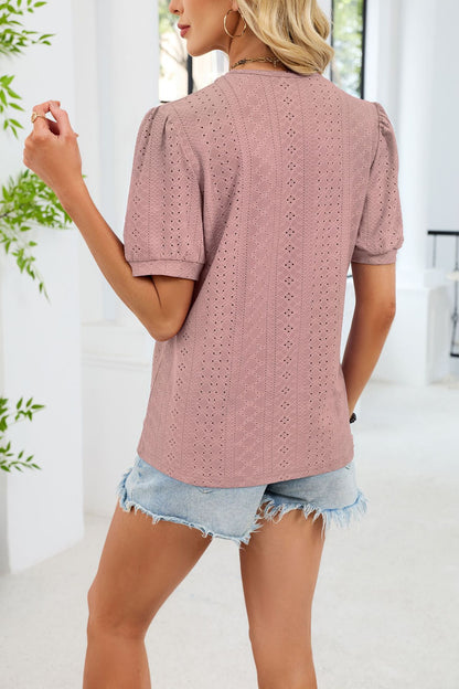V Neck Lace Trim Puff Sleeve Blouse Casual Summer Top
