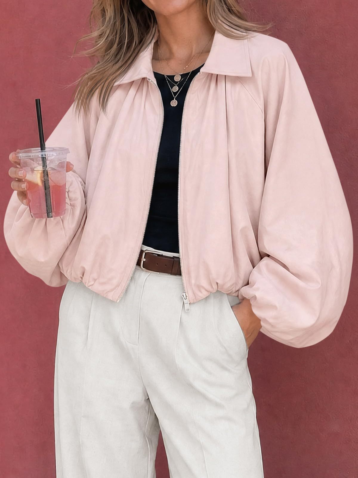 Women's Oversized Zip Up Cropped Jacket Puff Sleeve