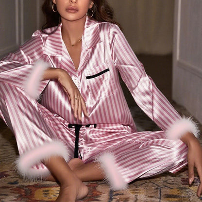Women's Satin Striped Feather Trim Pajama Lounge Set