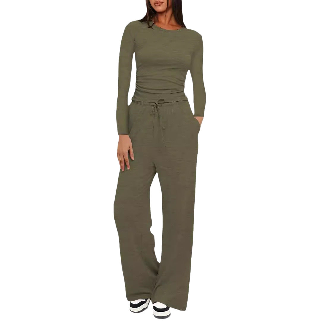 Women's Lounge Set Long Sleeve Ruched Top Wide Leg Pants