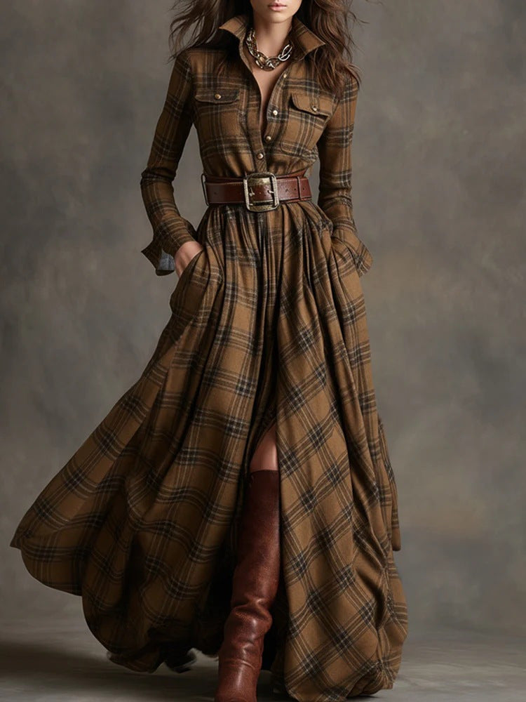 Plaid Belted Maxi Shirt Dress Long Sleeve Vintage