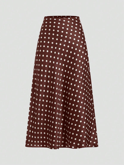 Polka Dot Satin A-Line Skirt Trendy Zip Midi Dress