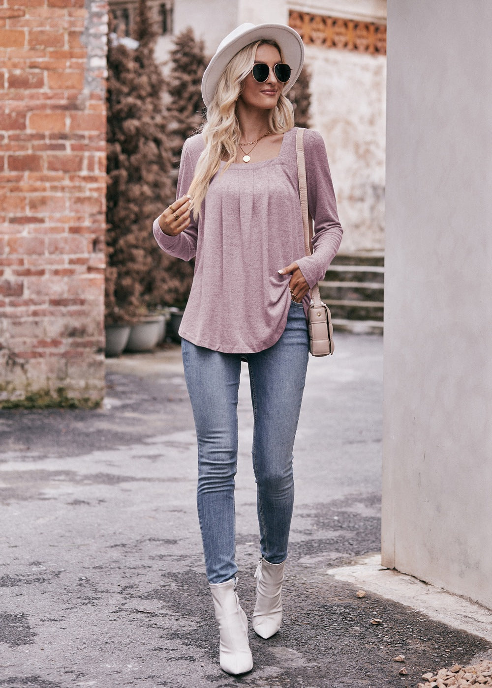 Square Neck Pleated Long Sleeve Top for Women