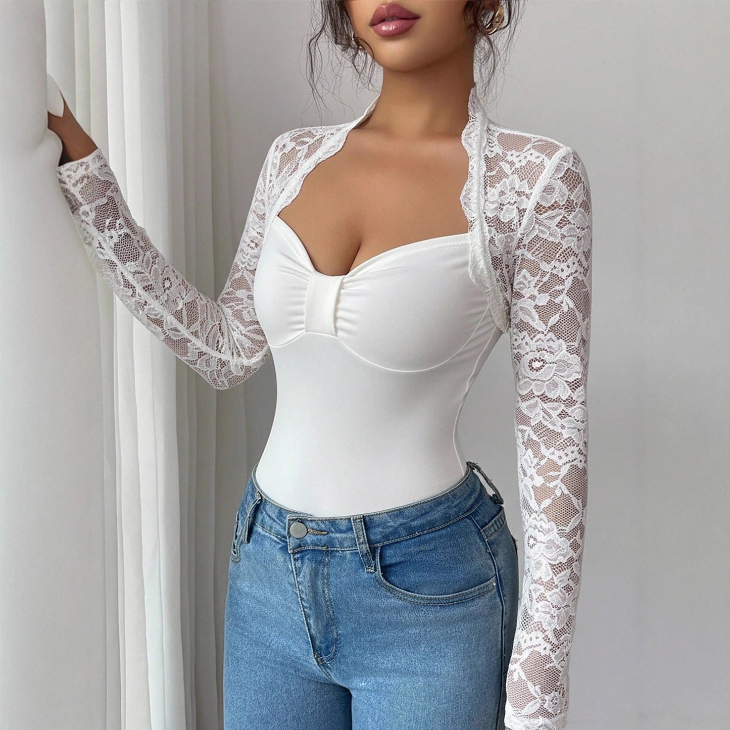 Lace Patchwork Long Sleeve Slim Fit Square Neck Top