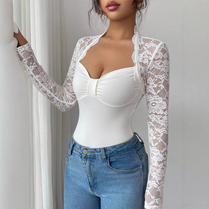 Lace Patchwork Long Sleeve Slim Fit Square Neck Top