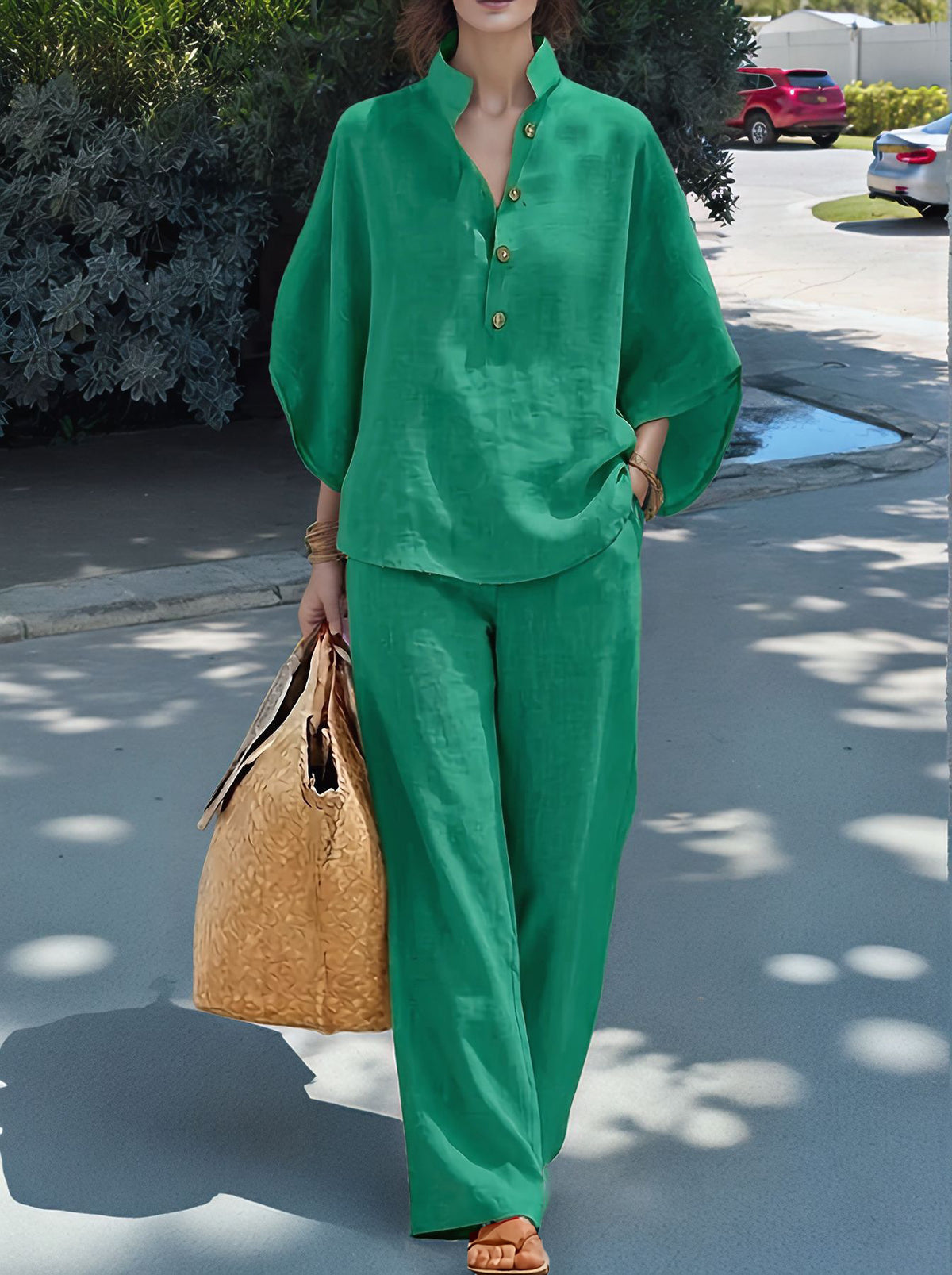 Women's Casual Two Piece Collared Shirt Wide Leg Pants Set