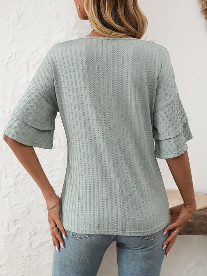 Textured V Neck Ruffle Sleeve Short Sleeve Casual Top