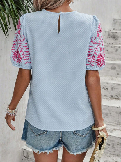 Embroidered Puff Sleeve Textured Blouse Feminine Top