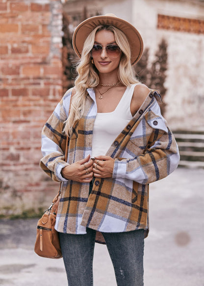 Khaki Women's Oversized Plaid Flannel Shacket with Chest Pocket