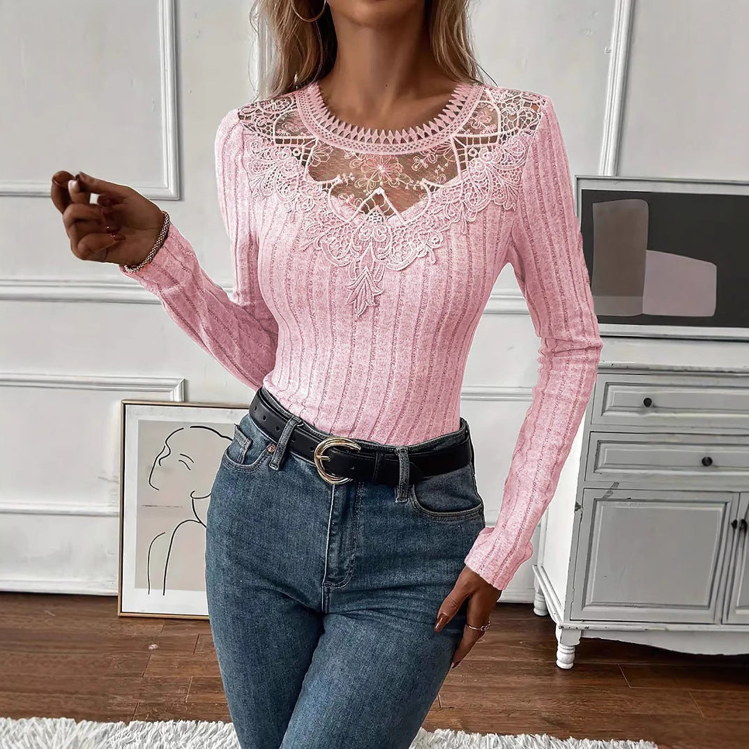 Women's Lace Panel Ribbed Long Sleeve Top