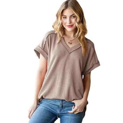 Trendy V-neck Jacquard Knit Loose Short Sleeve T-shirt
