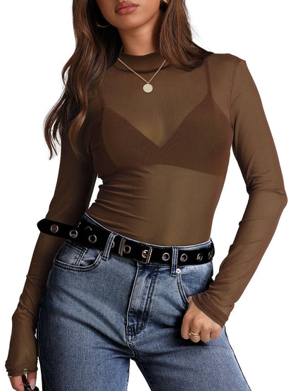 Y2K Mesh Semi-Turtleneck Sexy Long Sleeve T-Shirt