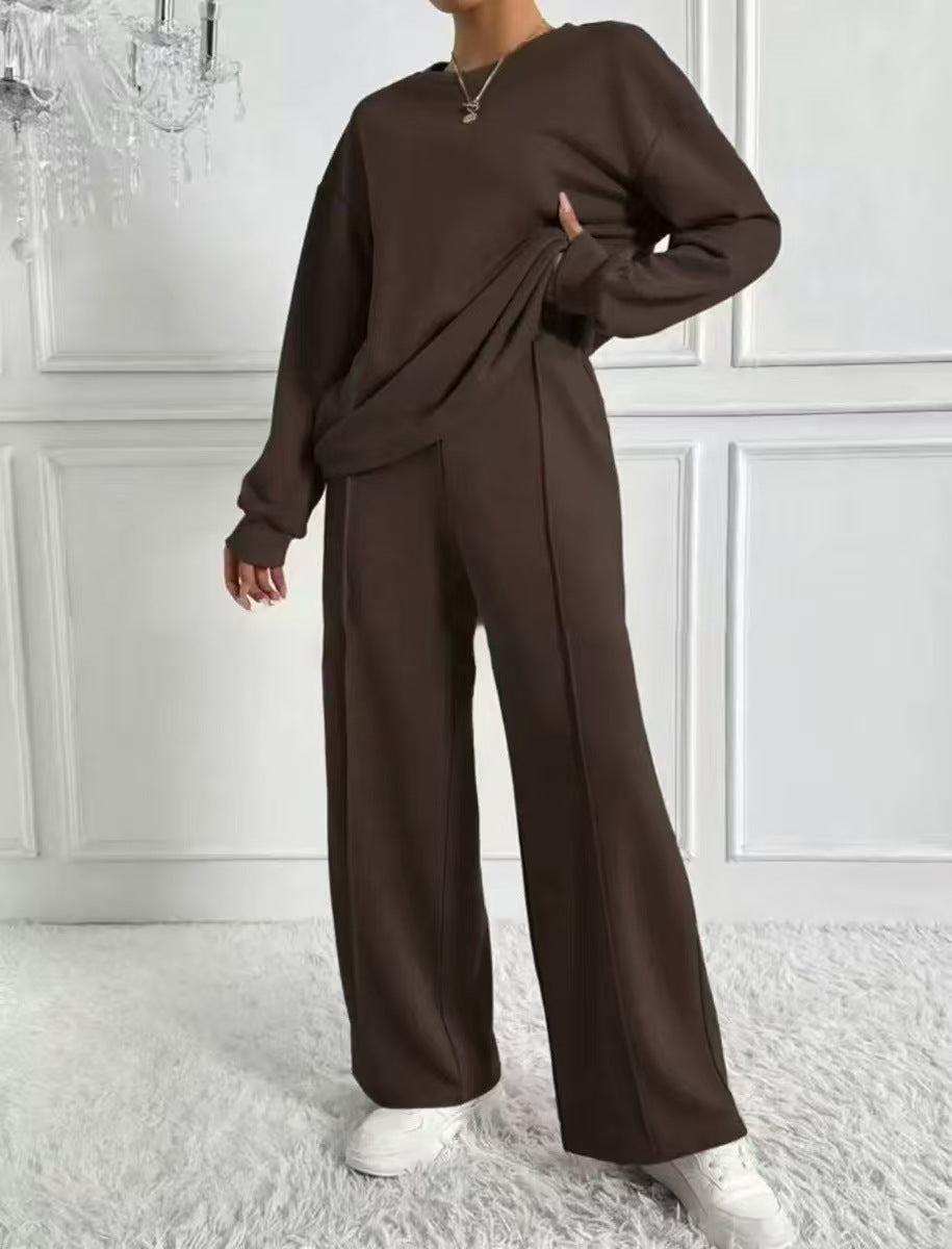 Women's Solid Crewneck Sweatshirt Wide Leg Pants Lounge Set