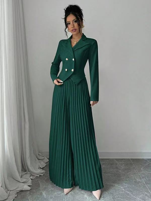 Women's 2 Piece Blazer Set Pleated Wide Leg Pants