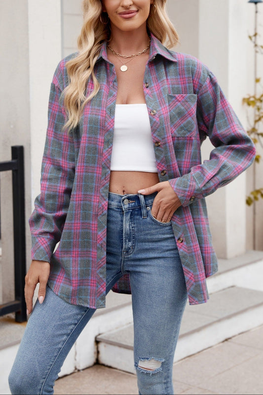 Women's Pink Gray Plaid Flannel Button-Down Shirt