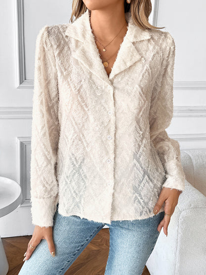 Textured Jacquard Button Down Blouse Elegant Work Shirt