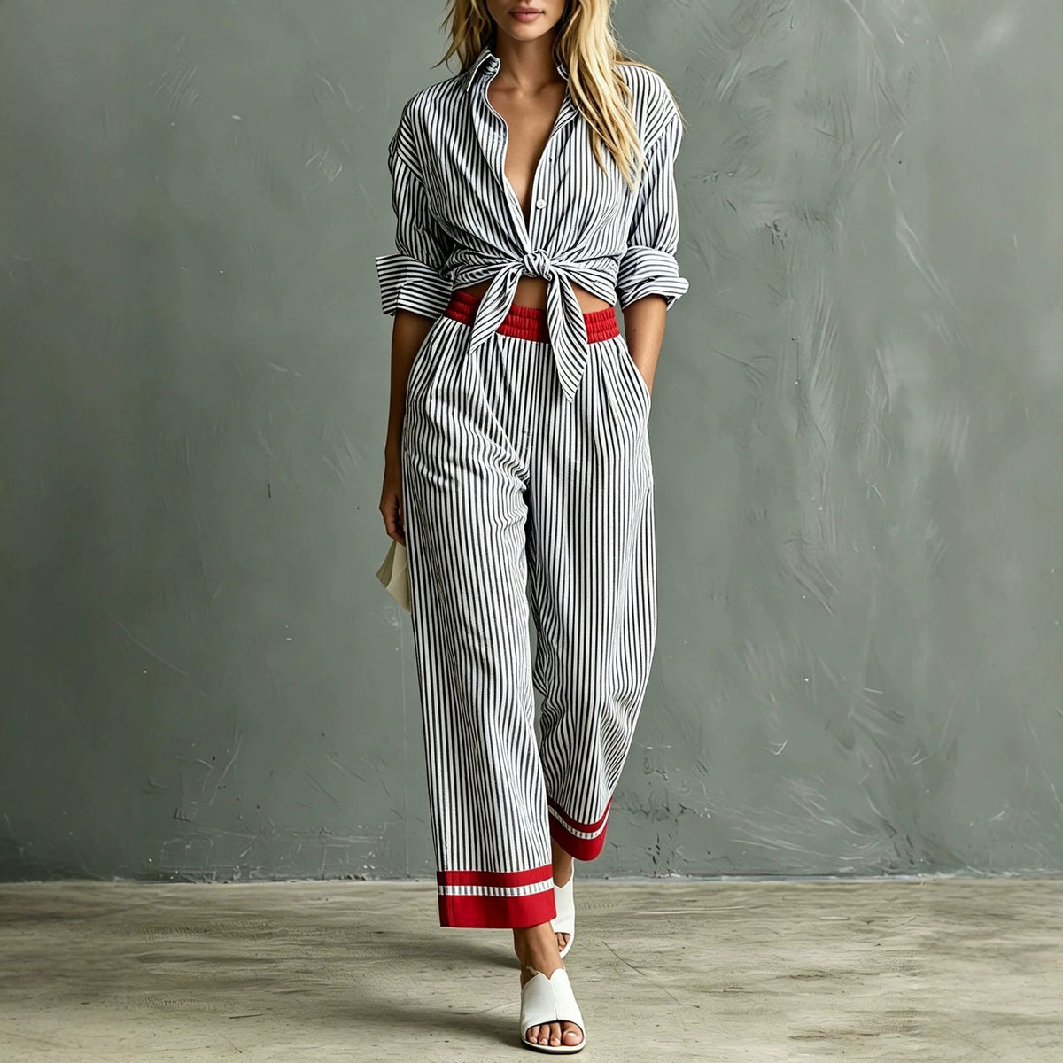 Women's Striped Button Down Shirt & Pants Matching Set