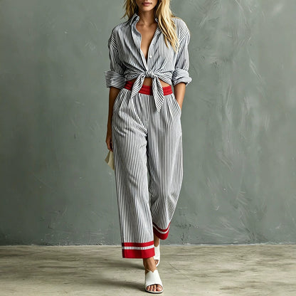 Women's Striped Button Down Shirt & Pants Matching Set