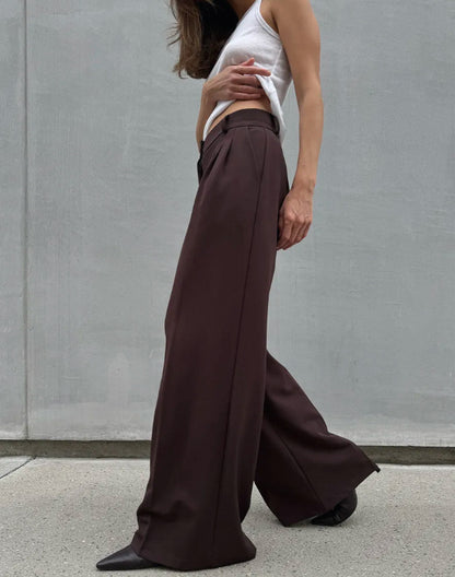 Women's Mocha Brown Pleated High Waist Wide Leg Trousers