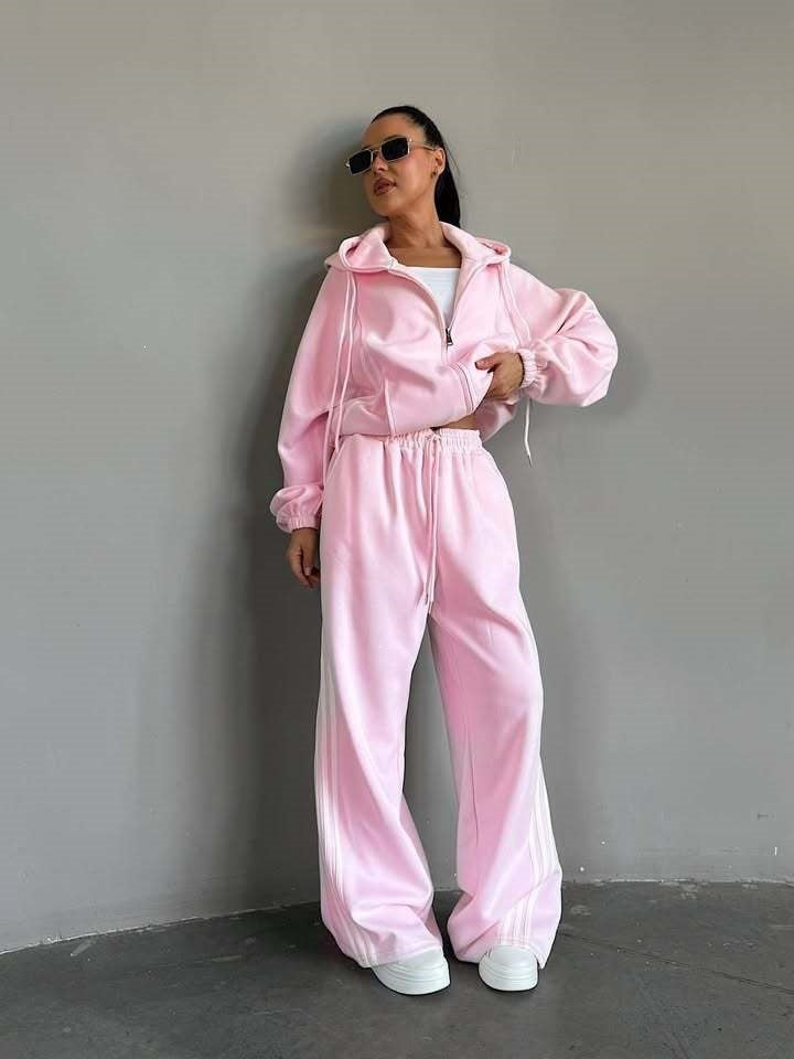 Women's Oversized Side Stripe Zip Hoodie Tracksuit Set