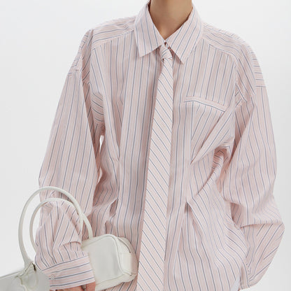 Women's Striped Tie-Neck Long Sleeve Button Down Blouse