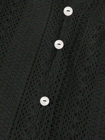 Hollow Knit V Neck Button Front Lace Blouse for Women