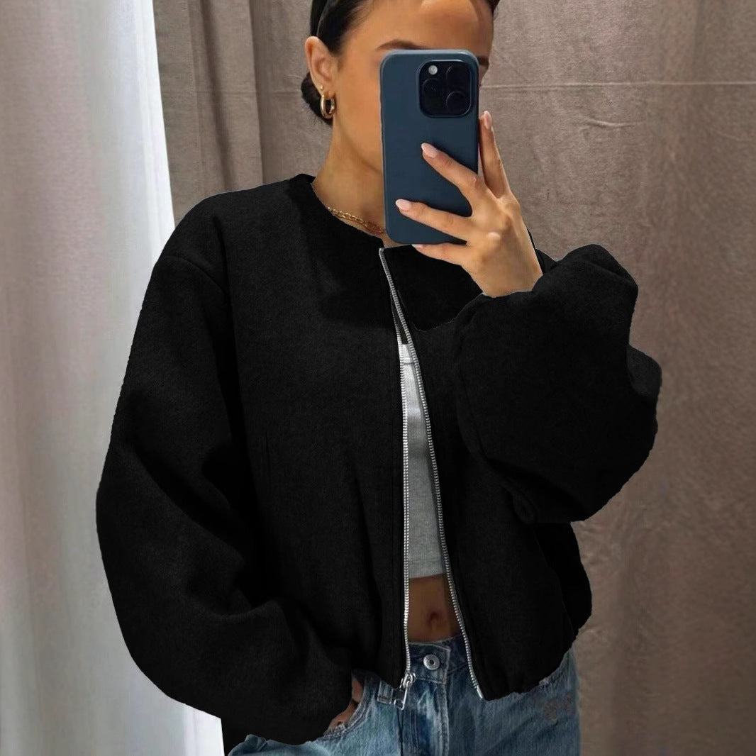 Women's Zip Up Bomber Jacket Lantern Sleeve Streetwear