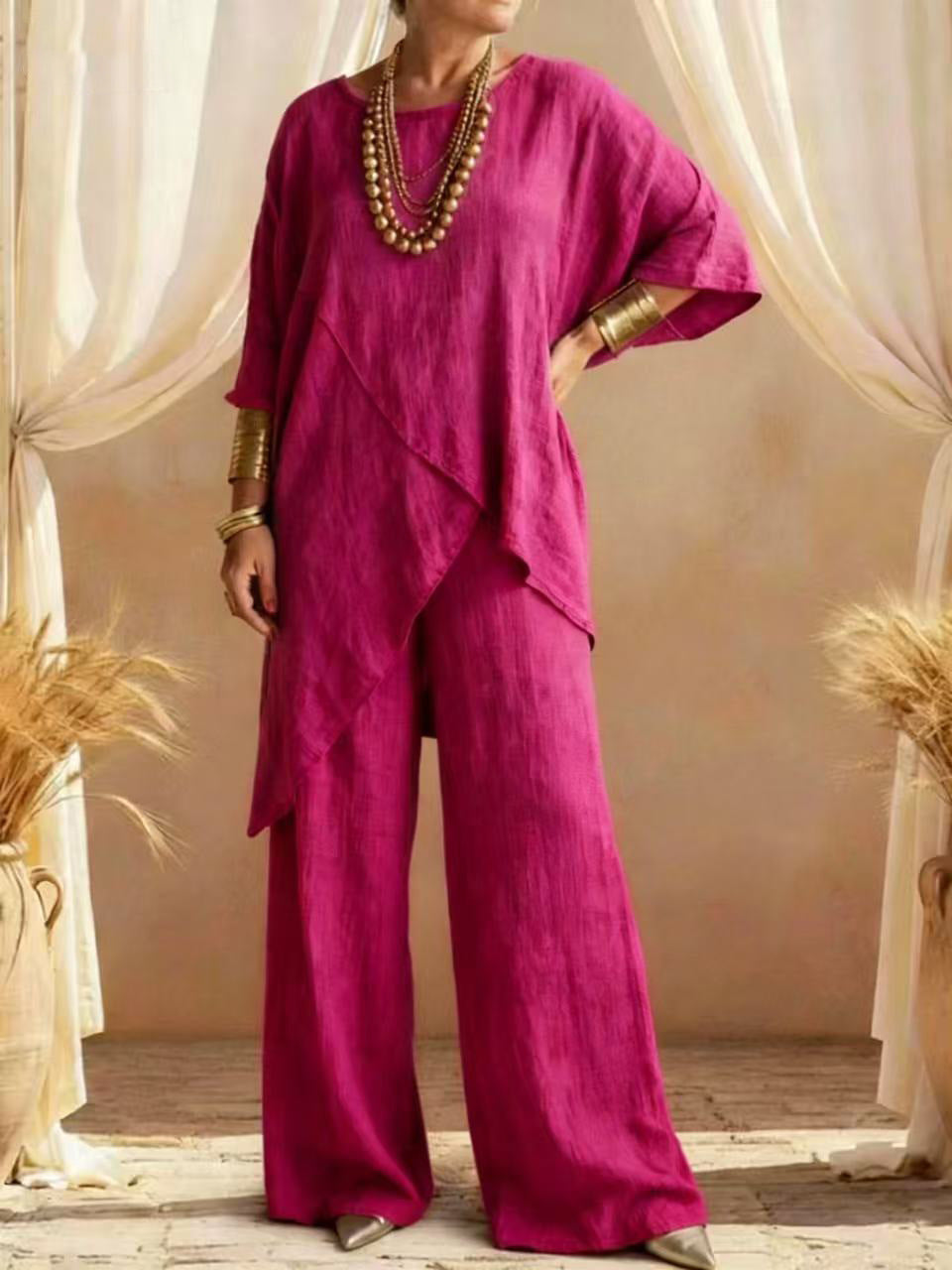 Women's Linen 2PC Set Asymmetric Hem Wide Leg Pants