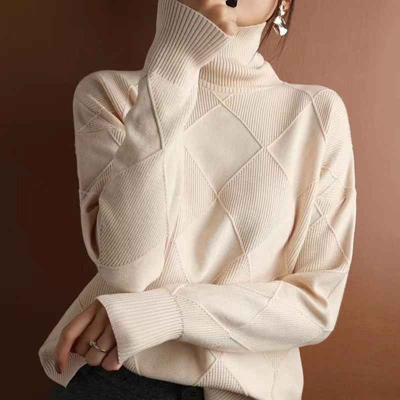 Chunky Turtleneck Sweater Diamond Pattern Pullover